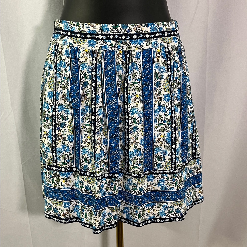 LOFT Outlet Blue Green & Yellow Floral Print Linen Blend A-Line Skirt